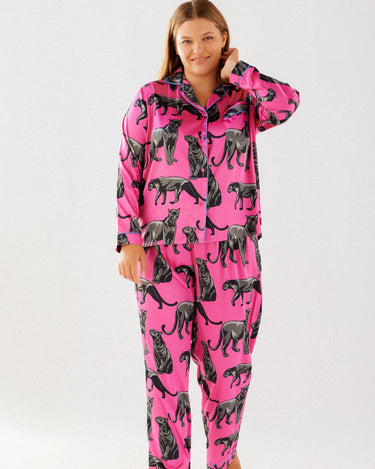 Curve Hot Pink Jaguar Satin Button Up Long Pyjama Set